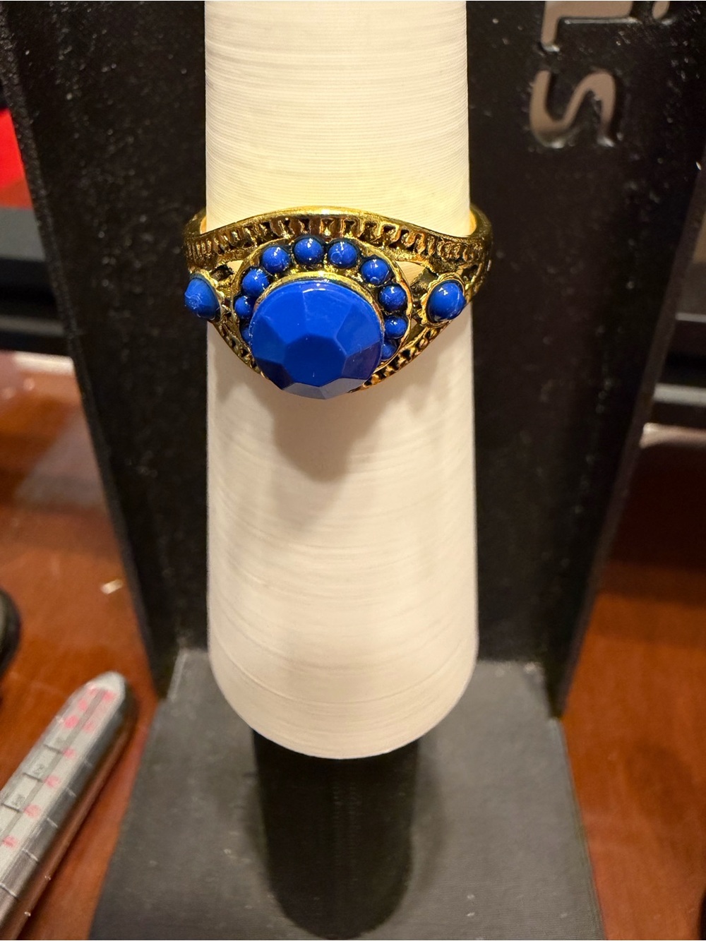 Source Unknown Gold-Tone Ring with Bold Blue Stones